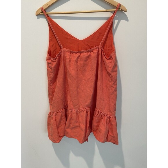 Coral Linen Blend Mini Dress Sleeveless V Neck Ruffle‎ Hem Summer Casual - Picture 3 of 6